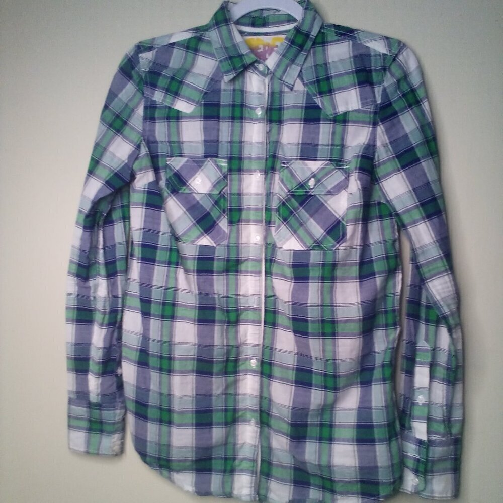 Derek Heart Button Front Shirt Women S Long Sleeve Roll Tab Pockets Plaid Green